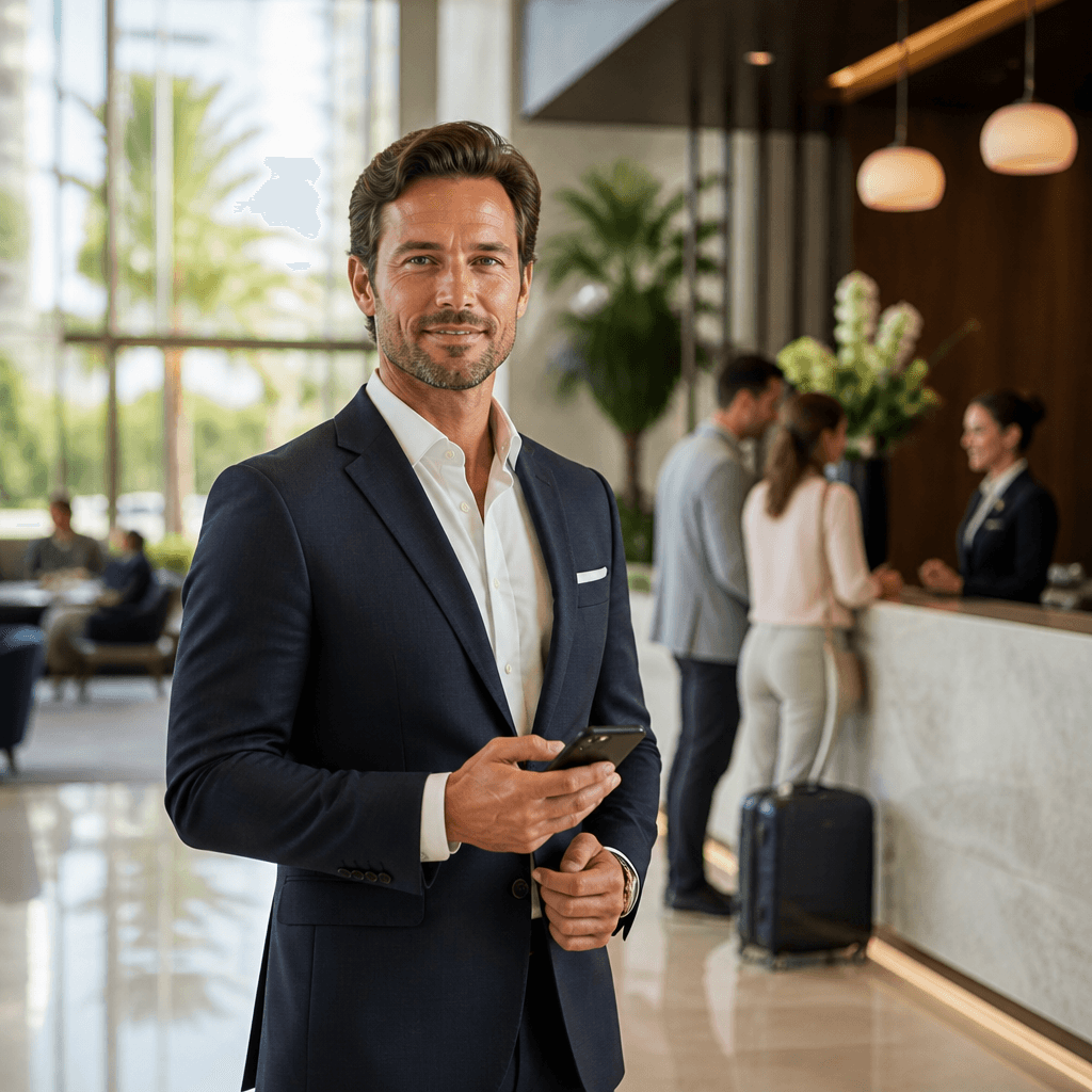 Gerente de hotel segurando um smartphone na recepção moderna e iluminada do hotel.