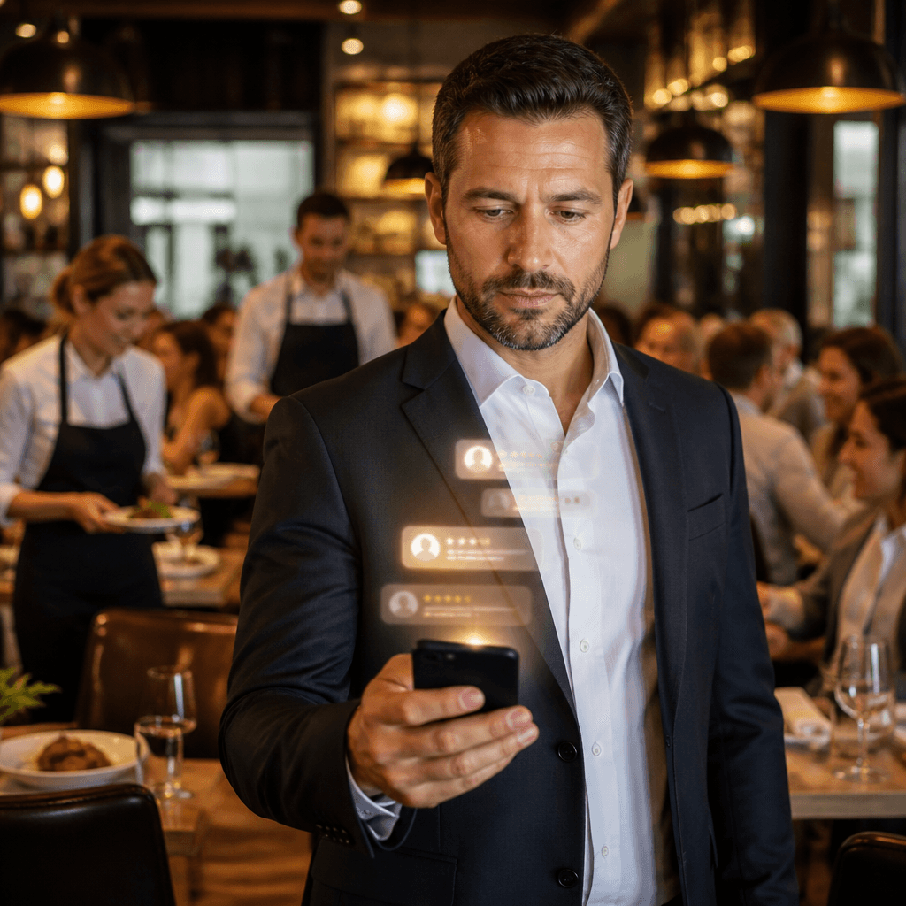Gerente de restaurante segurando smartphone com notificações de feedback, ambiente movimentado ao fundo.