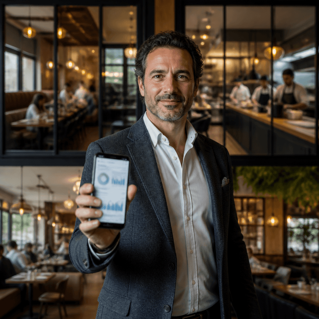 Gerente de restaurante segurando um smartphone em um ambiente moderno com várias unidades ao fundo.