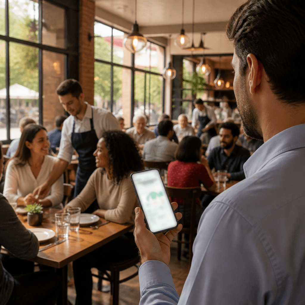 Gerente de restaurante segurando um celular enquanto clientes estão sentados e interagindo no ambiente movimentado.