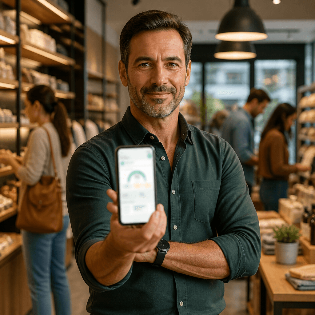 Gerente de loja segura smartphone mostrando aplicativo de feedback com loja movimentada ao fundo.