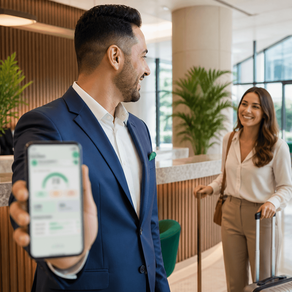 Gerente de hotel segurando um smartphone com alerta de feedback, interagindo com um hóspede sorridente na recepção moderna.