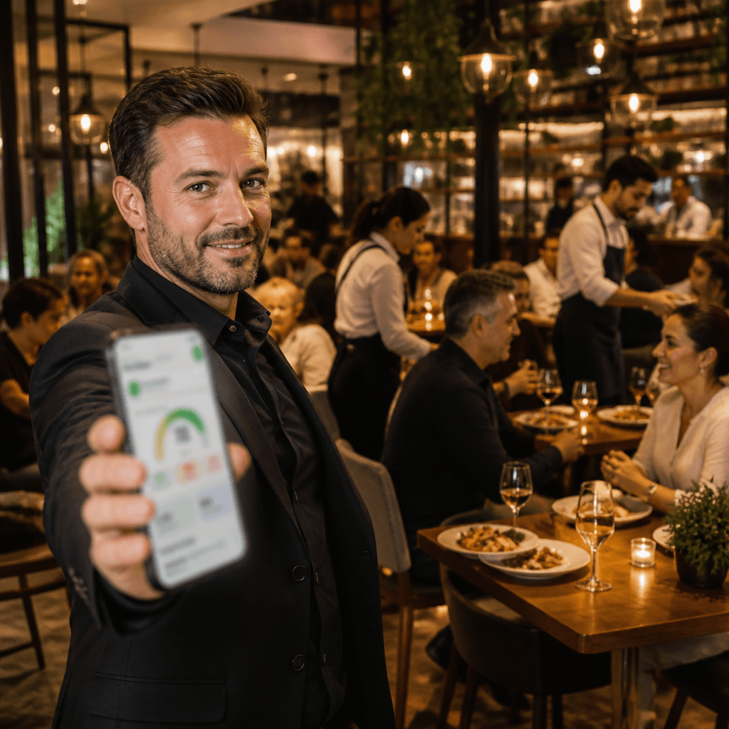 Gerente de restaurante segurando um smartphone com interface de feedback borrada, ambiente movimentado ao fundo.