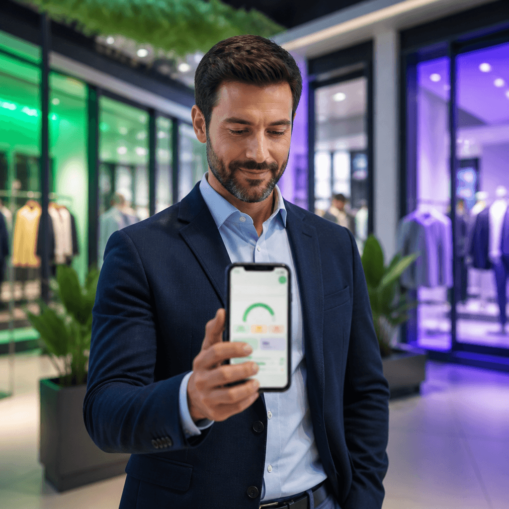 Gestor confiante segurando smartphone em ambiente moderno de múltiplas lojas conectadas.